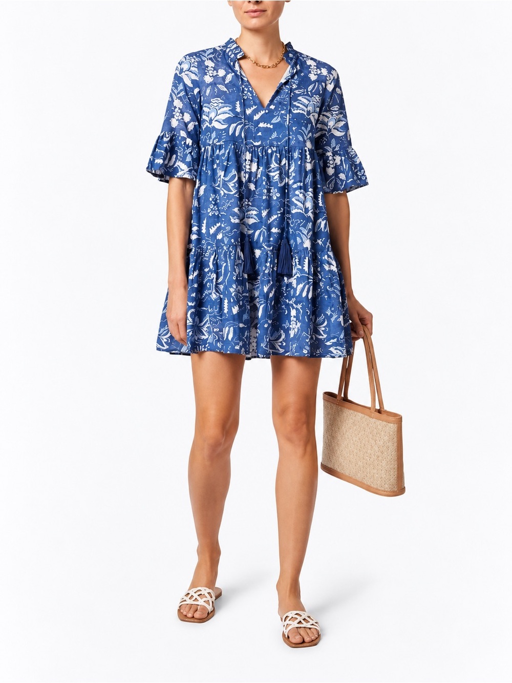Jude Connally Maria Blue Floral Cotton Block Print Voile Dress XL